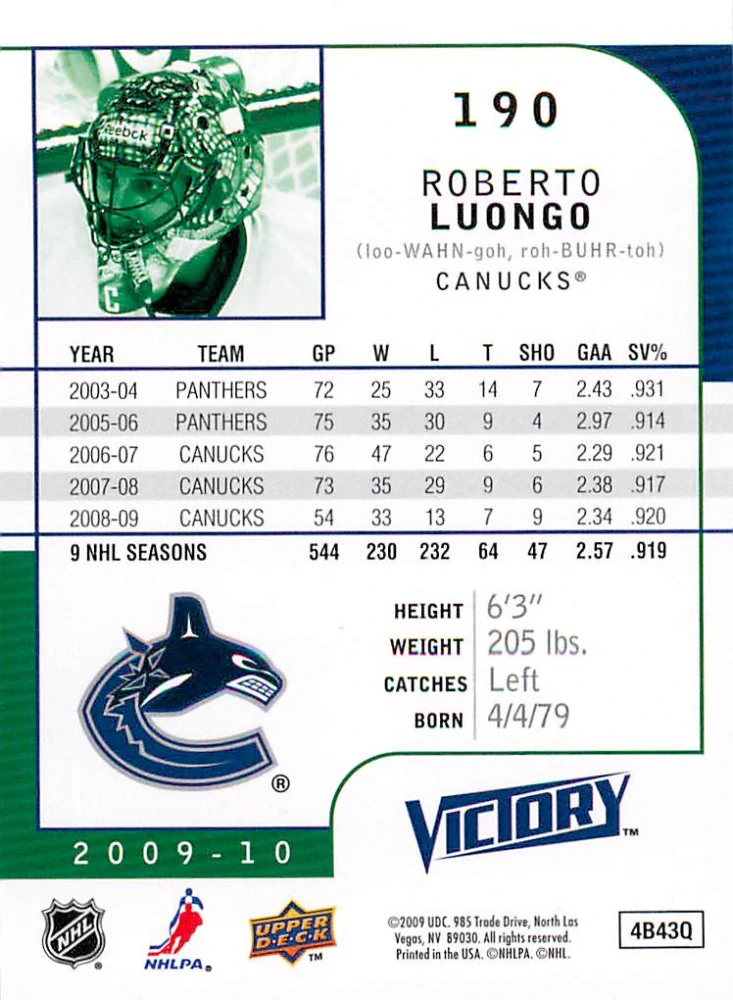 2009-10 UD Victory - Roberto Luongo #190