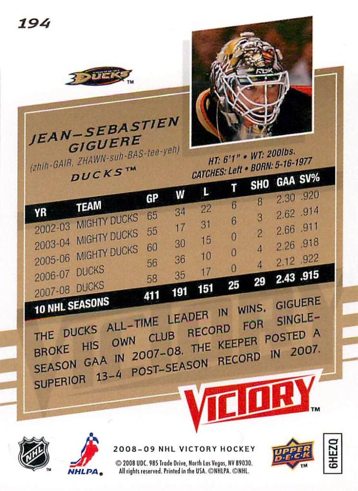 2008-09 UD Victory - Jean-Sebastien Giguere #194