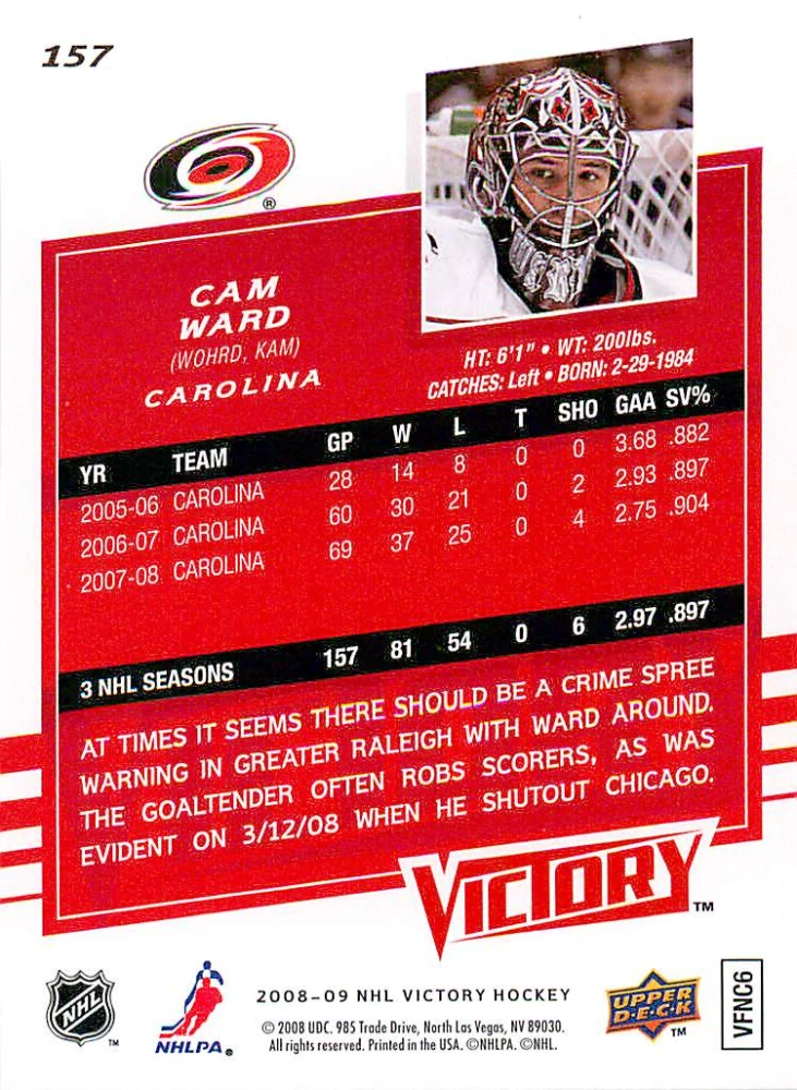 2008-09 UD Victory - Cam Ward #157