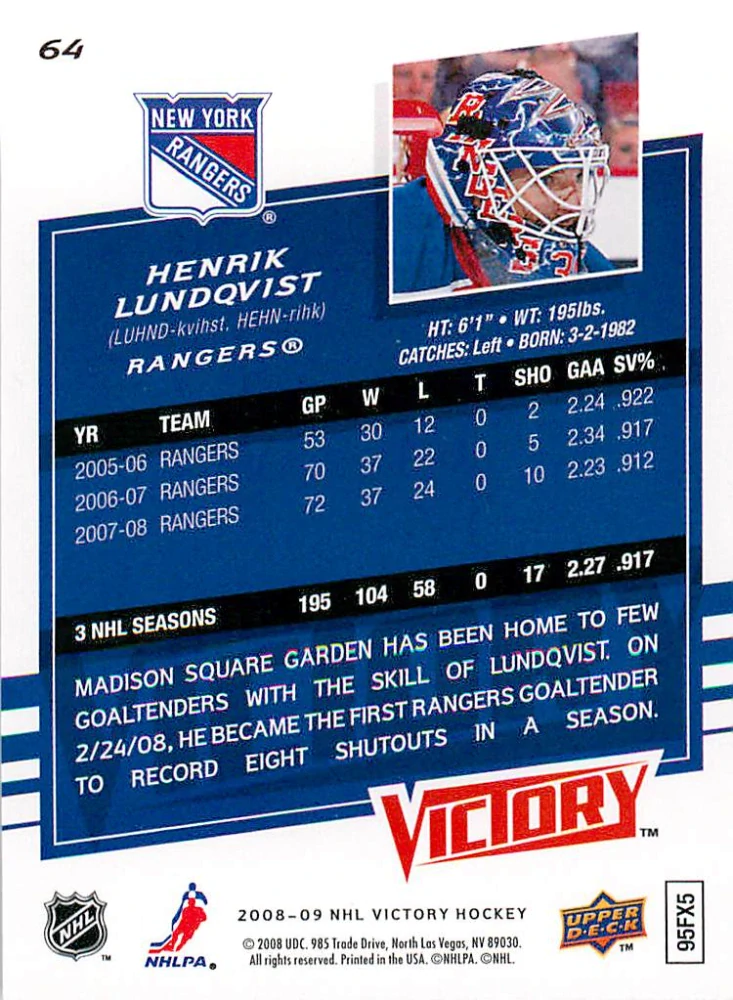 2008-09 UD Victory - Henrik Lundqvist #64