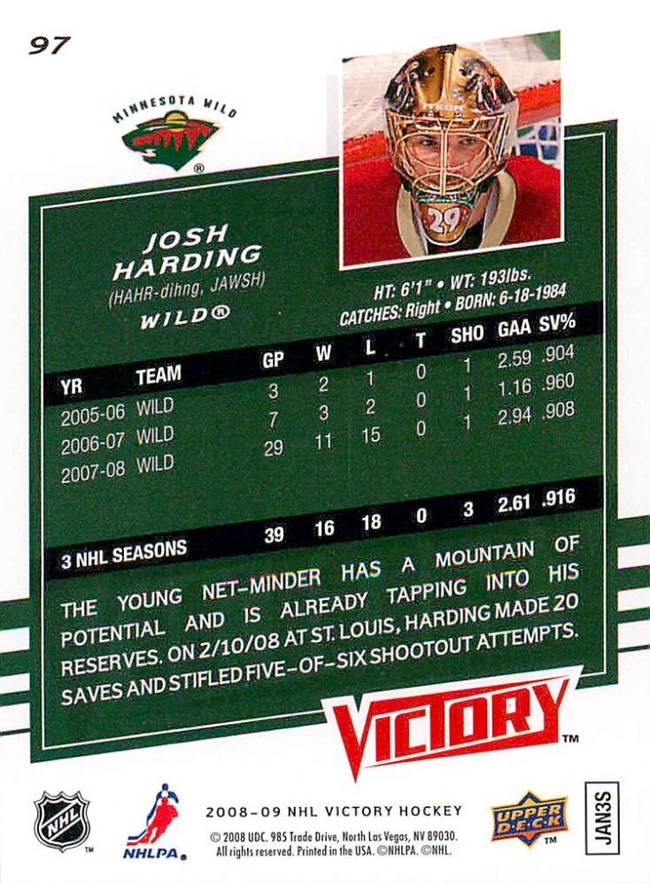 2008-09 UD Victory - Josh Harding #97