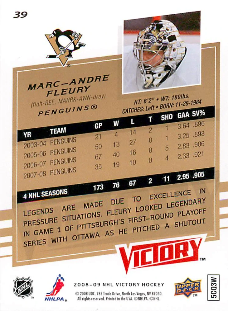 2008-09 UD Victory - Marc-Andre Fleury #39