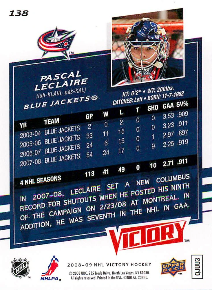 2008-09 UD Victory - Pascal Leclaire #138