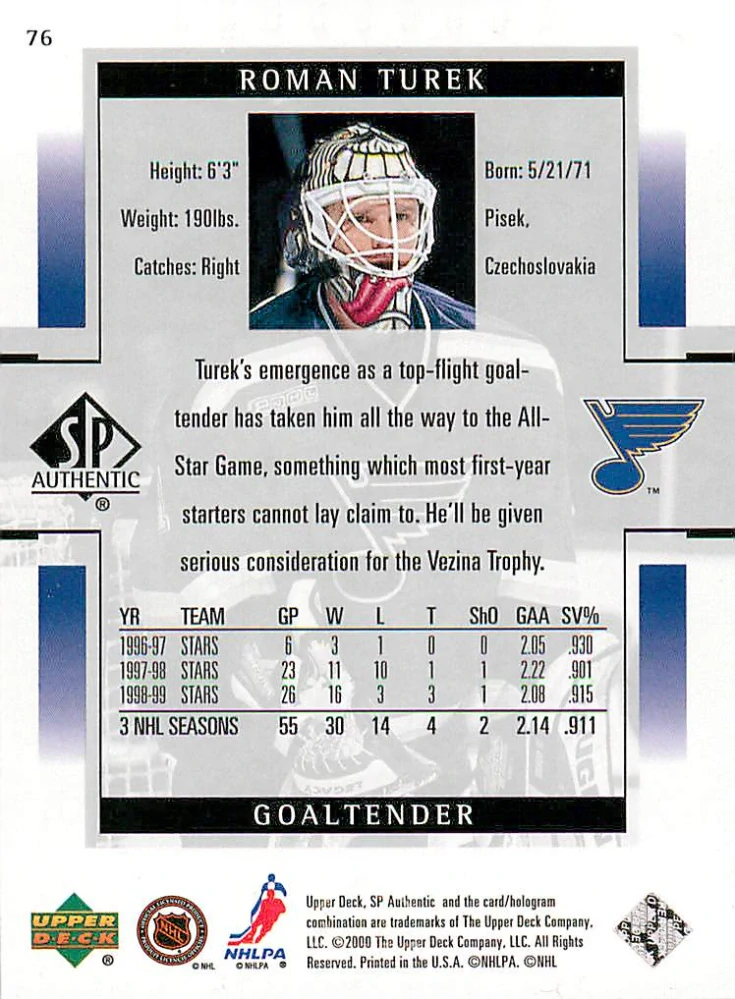 1999-00 UD SP Authentic - Roman Turek #76