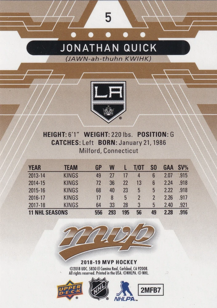 2018-19 UD MVP - Jonathan Quick #5
