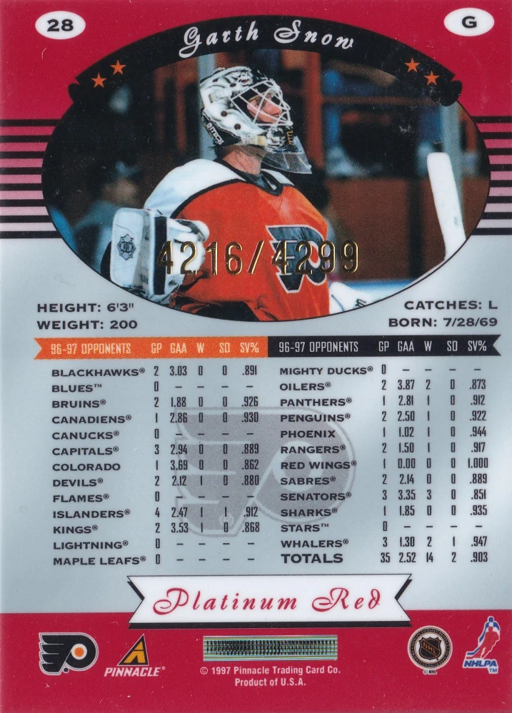 1997-98 Pinnacle Totally Certified - Garth Snow - Platinum Red /4299 #28