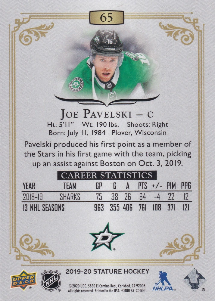 2019-20 UD Stature - Joe Pavelski #65