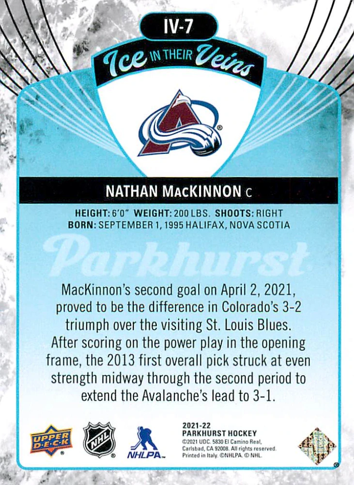 2021-22 UD Parkhurst - Nathan MacKinnon - Ice In Their Veins #IV-7