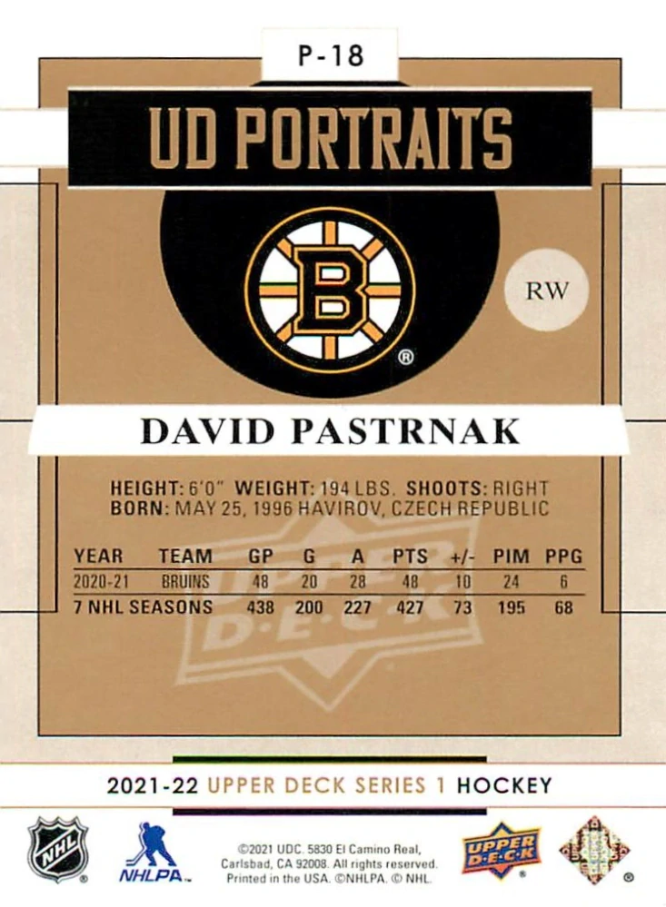 2021-22 UD Series 1 - David Pastrňák - UD Portraits #P-18