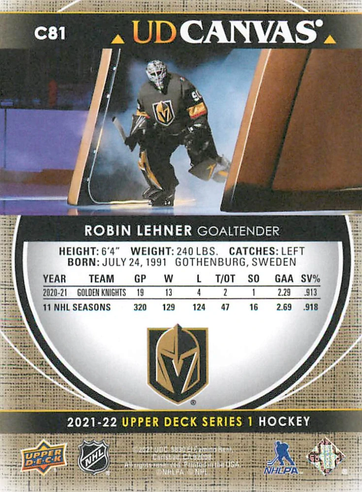 2021-22 UD Series 1 - Robin Lehner - Canvas #C81