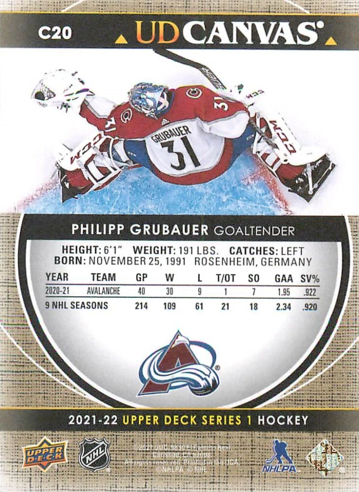 2021-22 UD Series 1 - Philipp Grubauer - Canvas #C20