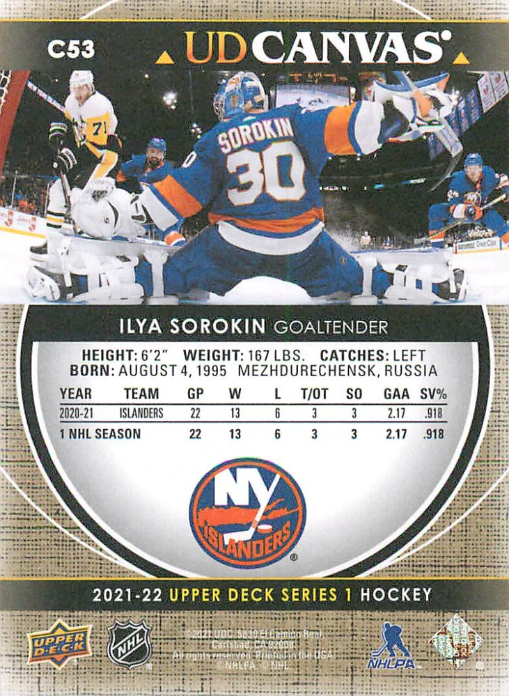 2021-22 UD Series 1 - Ilya Sorokin - Canvas #C53