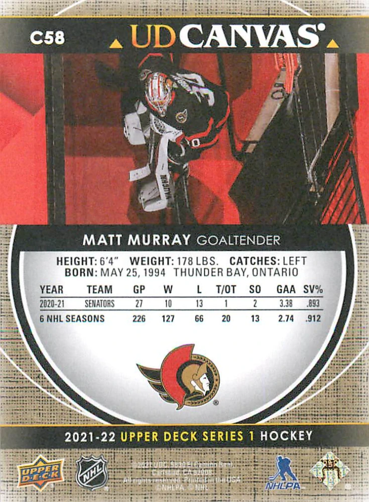 2021-22 UD Series 1 - Matt Murray - Canvas #C58