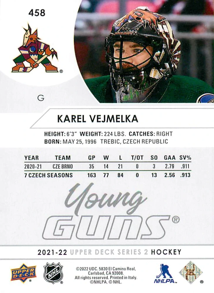 2021-22 UD Series 2 - Karel Vejmelka - Young Guns #458