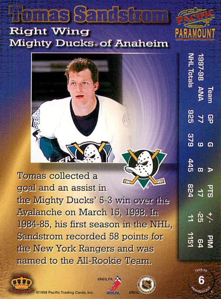 1998-99 Pacific Paramount - Tomas Sandstrom #6
