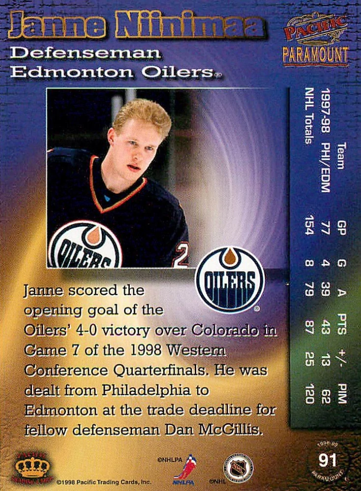 1998-99 Pacific Paramount - Janne Niinimaa #91