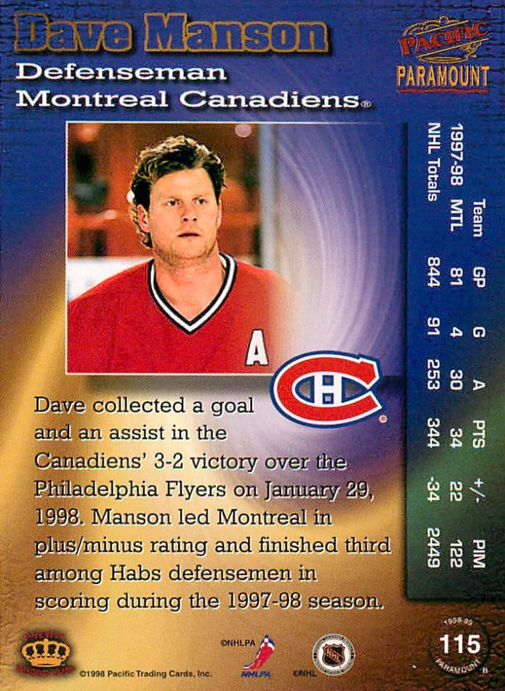 1998-99 Pacific Paramount - Dave Manson #115