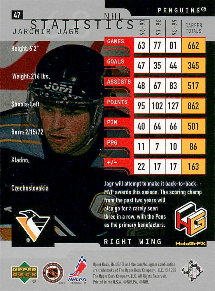 1999-00 UD HoloGrFX - Jaromír Jágr #47