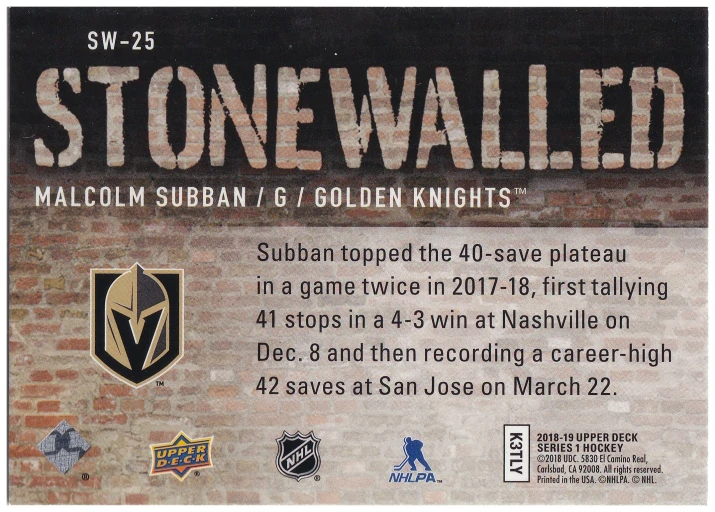 2018-19 UD Series 1 - Malcolm Subban - Stonewalled #SW-25