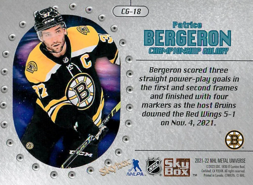 2021-22 UD Skybox Metal Universe - Patrice Bergeron - Championship Galaxy #CG-18