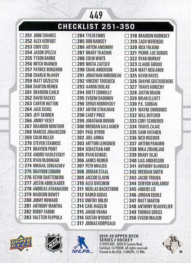 2019-20 UD Series 2 - Checklist 251-350 #449