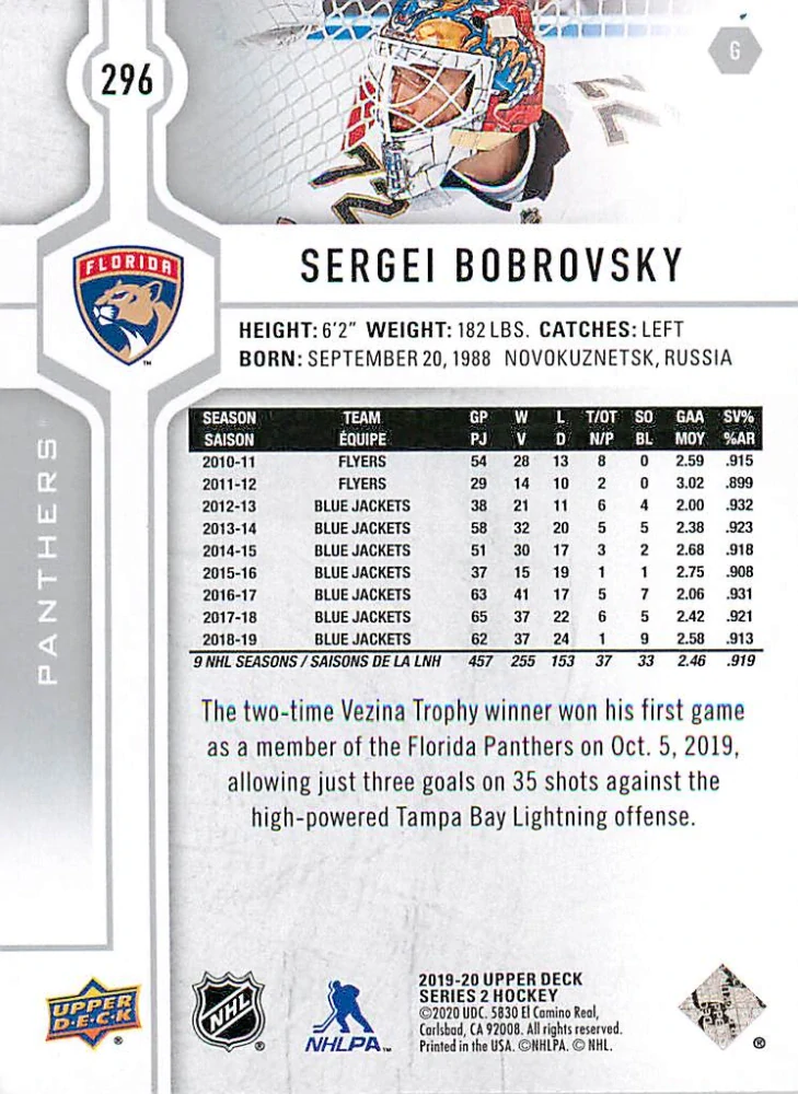 2019-20 UD Series 2 - Sergei Bobrovsky #296