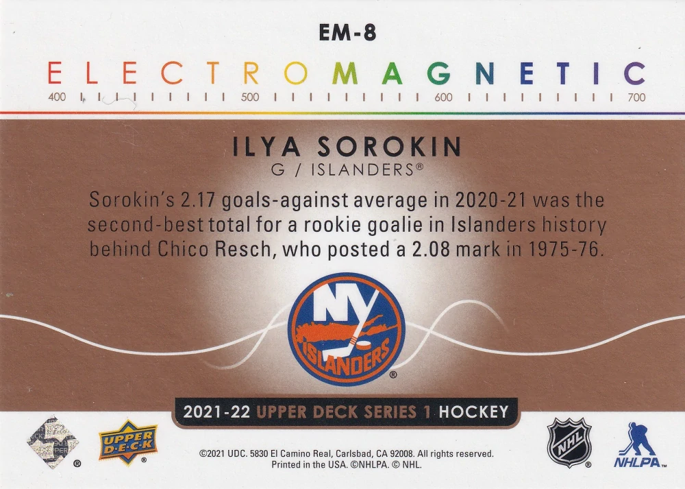 2021-22 UD Series 1 - Ilya Sorokin - Electromagnetic Gold #EM-8