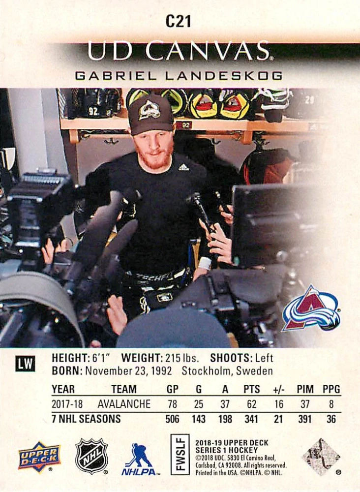2018-19 UD Series 1 - Gabriel Landeskog - Canvas #C21