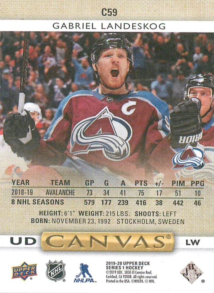 2019-20 UD Series 1 - Gabriel Landeskog - Canvas #C59