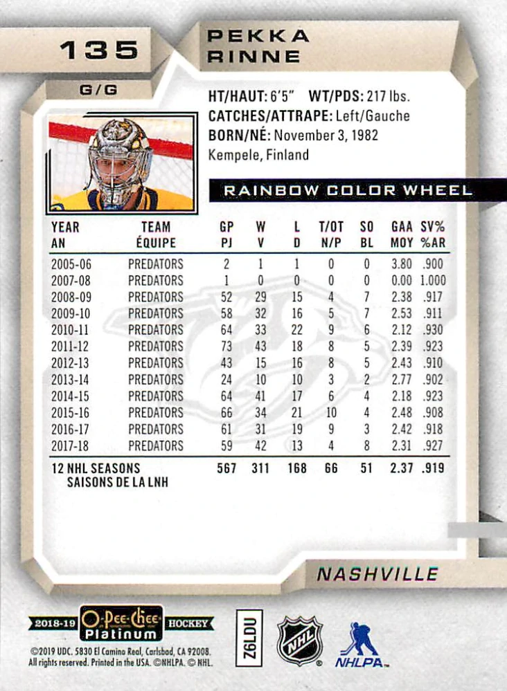 2018-19 UD O-Pee-Chee Platinum - Pekka Rinne - Rainbow Color Wheel #135
