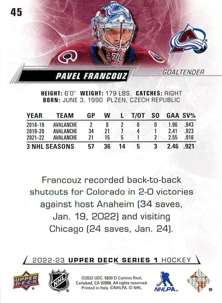 2022-23 UD Series 1 - Pavel Francouz - Silver Foil #45