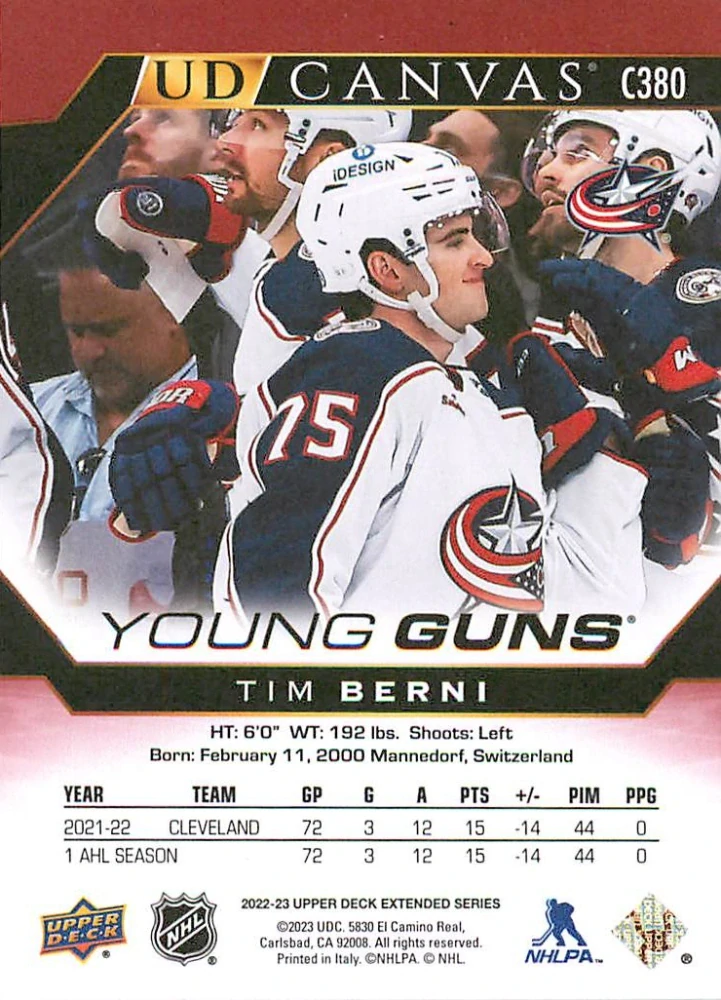2022-23 UD Extended Series - Tim Berni - Young Guns Canvas #C380