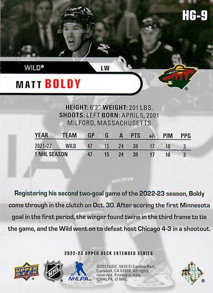 2022-23 UD Extended Series - Matt Boldy - HoloGrFX #HG-9