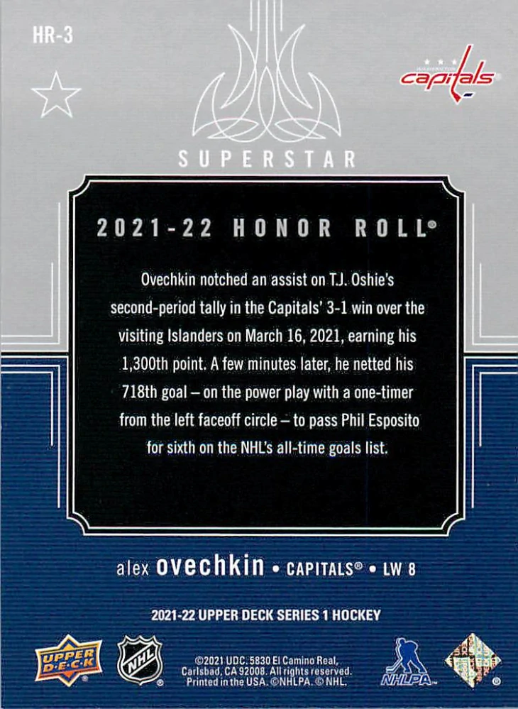 2021-22 UD Series 1 - Alex Ovechkin - Honor Roll #HR-3