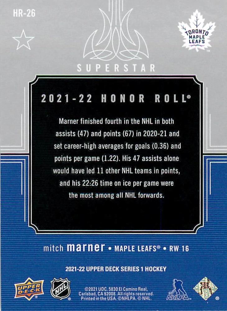 2021-22 UD Series 1 - Mitch Marner  - Honor Roll #HR-62