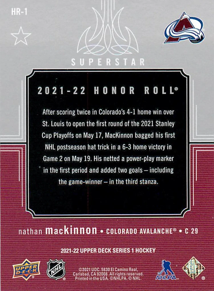 2021-22 UD Series 1 - Nathan MacKinnon  - Honor Roll #HR-1