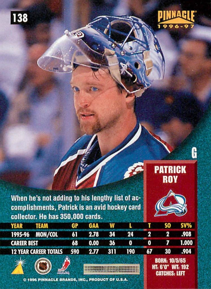1996-97 Pinnacle - Patrick Roy - Premium Stock #138