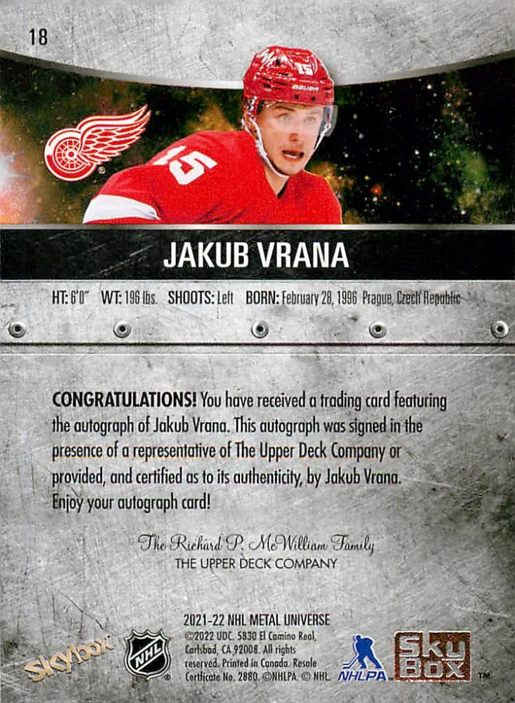 2021-22 UD Skybox Metal Universe - Jakub Vrána - Silver Autographs #18