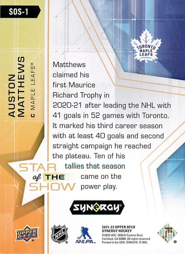 2021-22 UD Synergy - Auston Matthews - Star of the Show #SOS-1