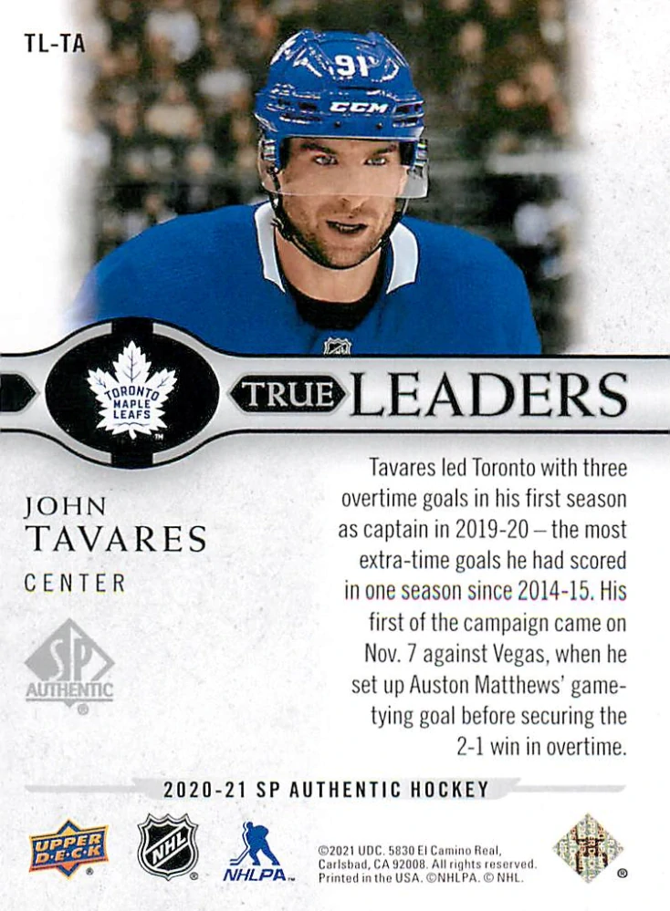 2020-21 UD SP Authentic - John Tavares - True Leaders #TL-TA