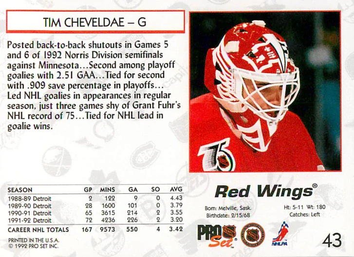 1992-93 Pro Set - Tim Cheveldae #43