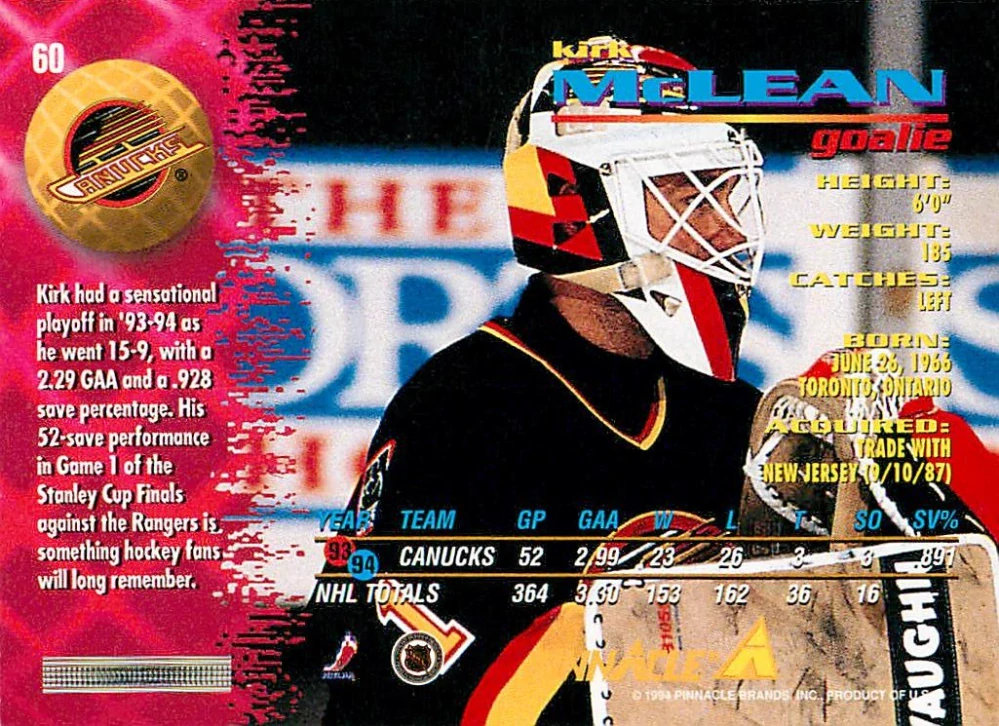 1994-95 Pinnacle - Kirk Mclean #60