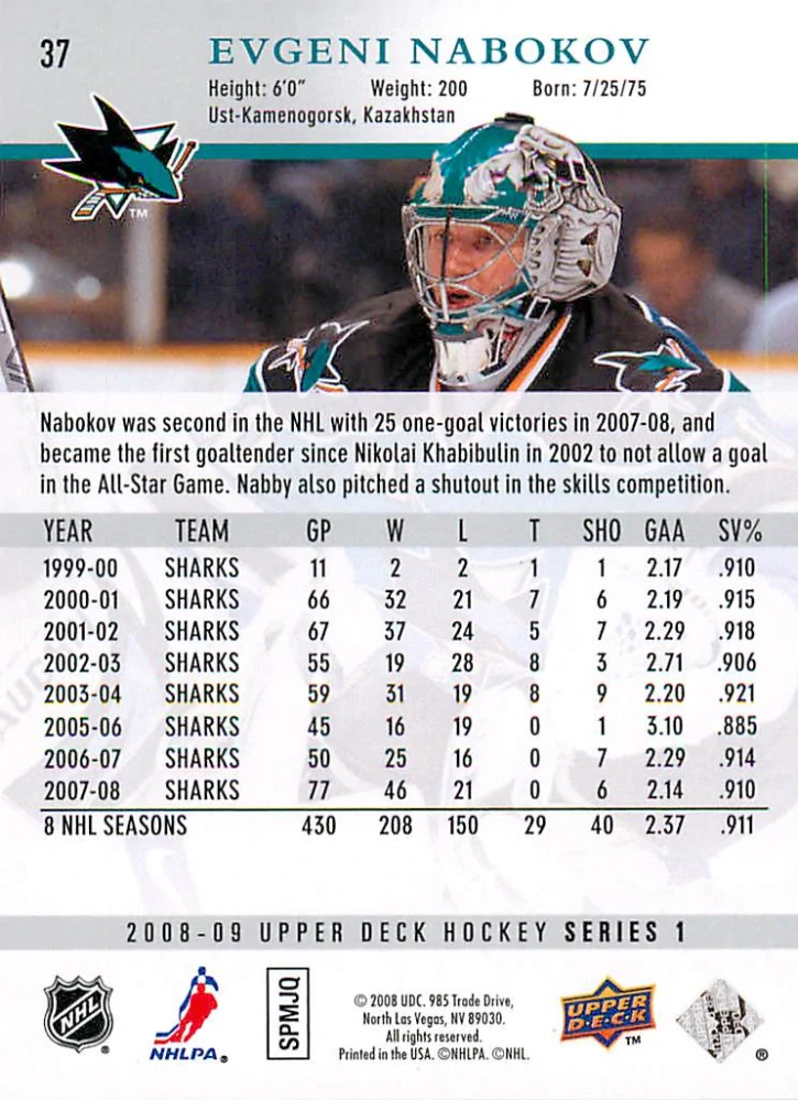 2008-09 UD Series 1 - Evgeni Nabokov #37