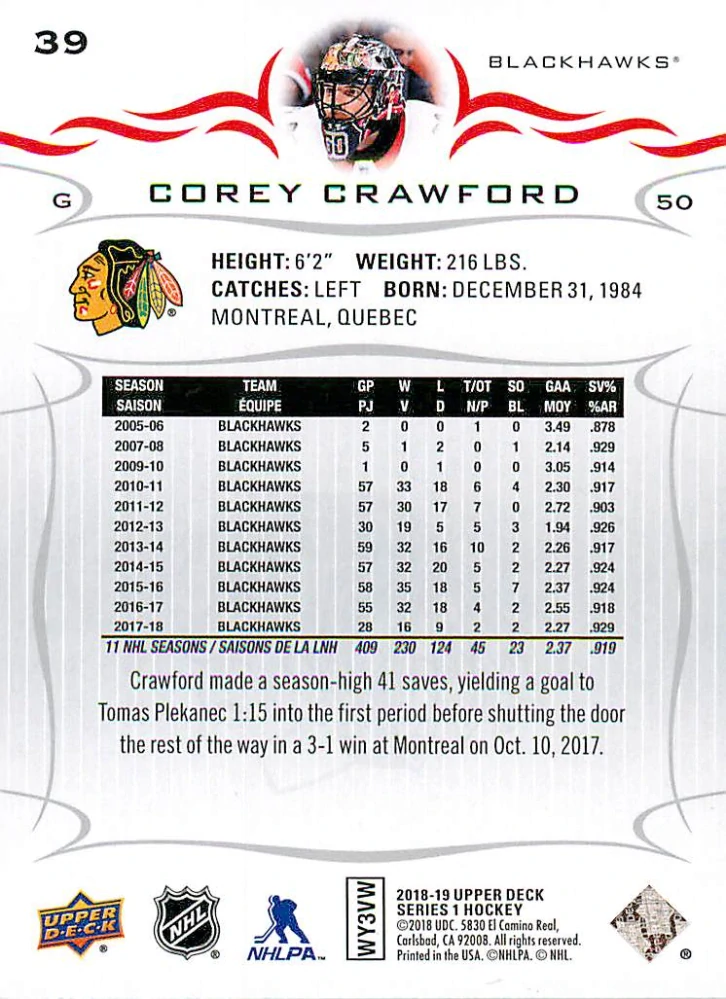 2018-19 UD Series 1 - Corey Crawford #39