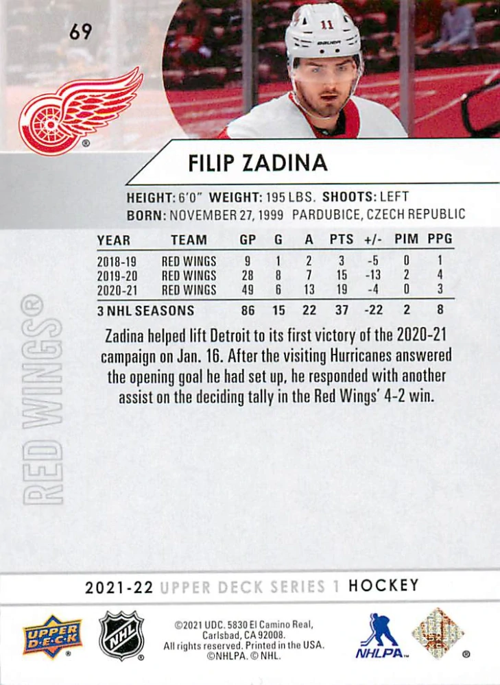 2021-22 UD Series 1 - Filip Zadina #69