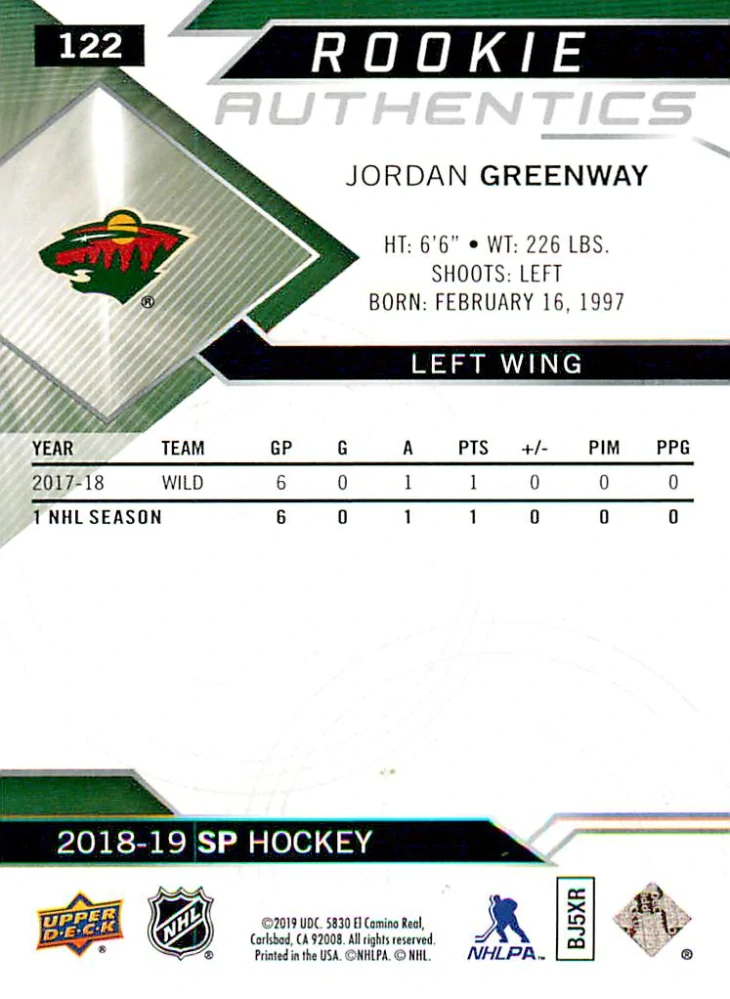 2018-19 UD SP - Jordan Greenway - Rookie Authentics Blue #122
