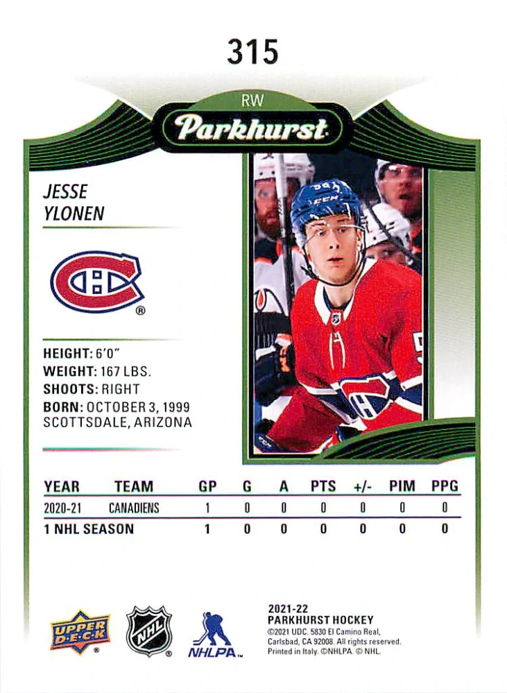 2021-22 UD Parkhurst - Jesse Ylonen - Rookie #315