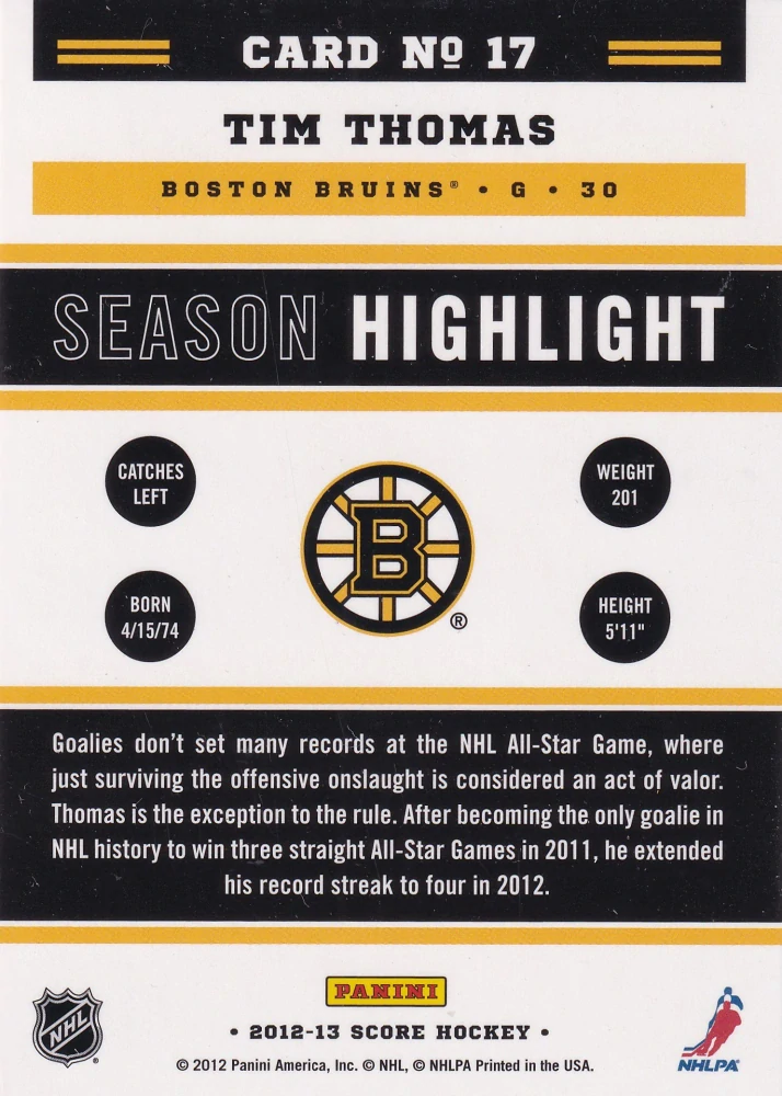 2012-13 Score - Tim Thomas - Season Highlight #17