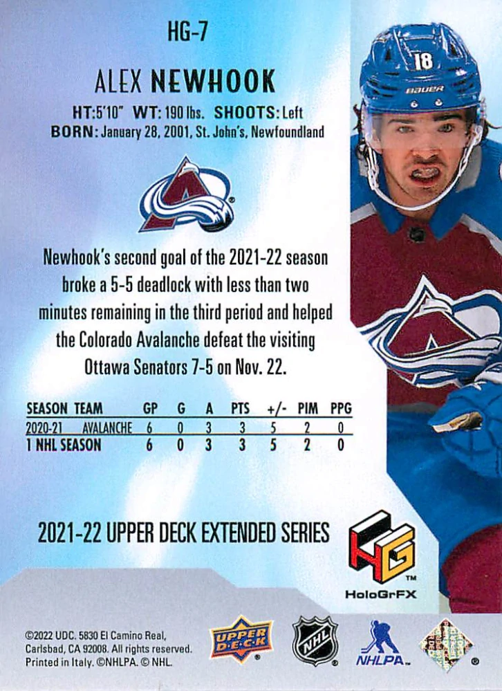 2021-22 UD Extended Series - Alex Newhook - HoloGrFX #HG-7