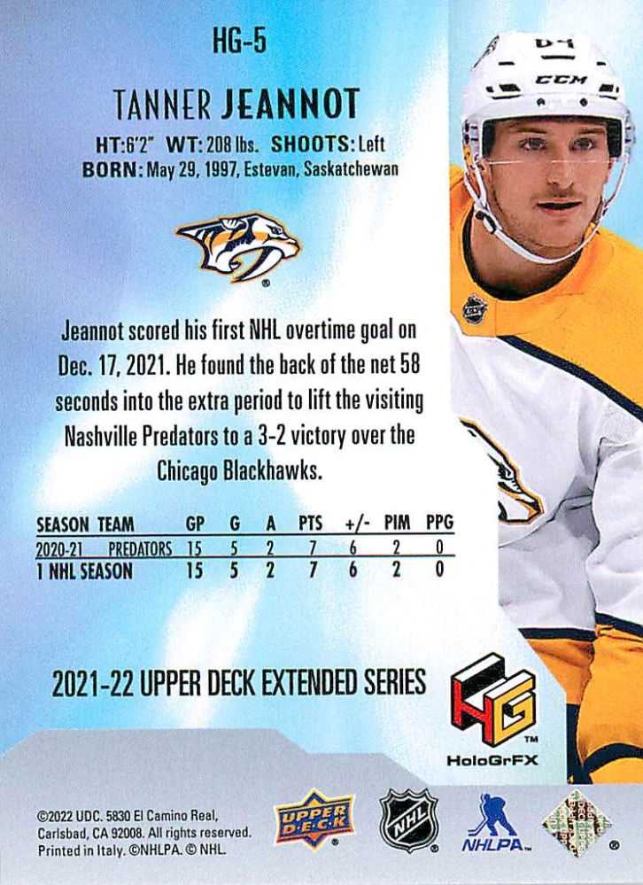 2021-22 UD Extended Series - Tanner Jeannot - HoloGrFX Gold #HG-5